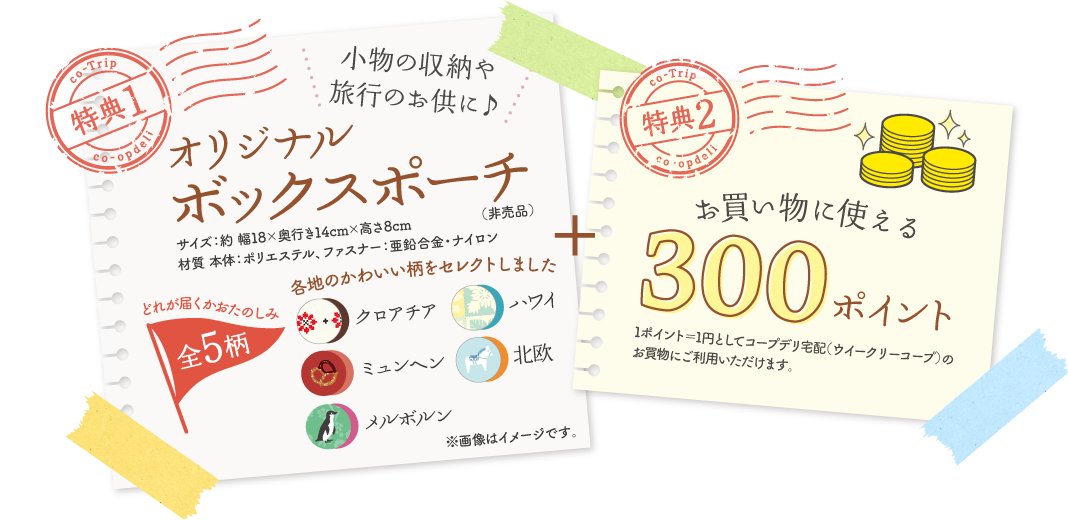 【特典1】小物の収納や旅行のお供に♪オリジナルボックスポーチ（非売品）　全5柄　どれが届くかおたのしみ　各地のかわいい柄をセレクトしました　クロアチア　ハワイ　ミュンヘン　北欧　メルボルン　※画像はイメージです。　【特典2】お買い物に使える300ポイント　1ポイント＝1円としてコープデリ宅配（ウイークリーコープ）のお買物にご利用いただけます。