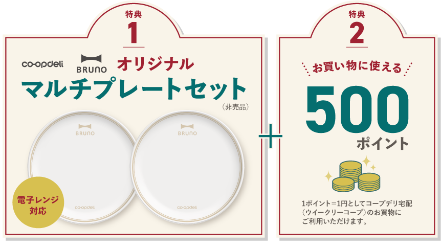 【特典1】コープデリ　BRUNO　オリジナルマルチプレートセット（非売品）　電子レンジ対応　※画像はイメージです。プレートセット以外はセットに含まれません。　【特典2】お買い物に使える500ポイント　1ポイント＝1円としてコープデリ宅配（ウイークリーコープ）のお買物にご利用いただけます。