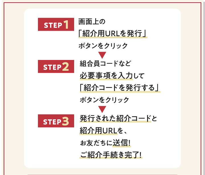 ステップ1：画面上の「紹介用URLを発行」ボタンをクリック　ステップ2：組合員コードなど必要事項を入力して「紹介コードを発行する」ボタンをクリック　ステップ3：発行された紹介コードと紹介用URLを、お友だちに送信！ご紹介手続き完了！