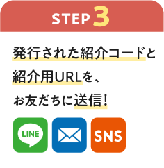 【ステップ3】発行された紹介コードと紹介用URLを、お友だちに送信！