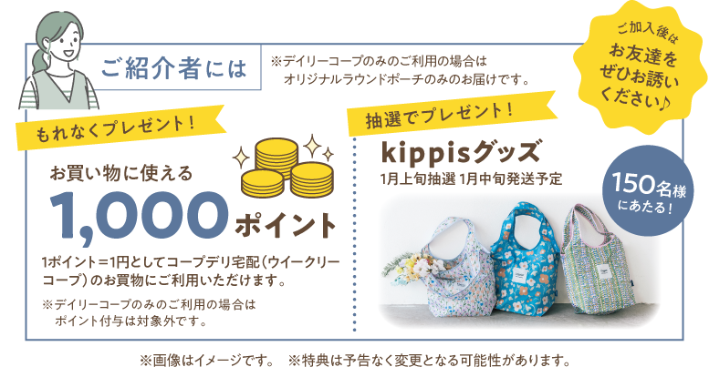 ご加入後はお友達をぜひお誘いください♪　ご紹介者には　※デイリーコープのみのご利用の場合はオリジナルラウンドポーチのみのお届けです。　【もれなくプレゼント！】お買い物に使える　1000円ポイント　1ポイント＝1円としてコープデリ宅配（ウイークリーコープ）のお買物にご利用いただけます。　※デイリーコープのみのご利用の場合はポイント付与は対象外です。　【抽選でプレゼント！】150名様にあたる！　Kippisグッズ　1月上旬抽選　1月中旬発送予定　※画像はイメージです。　※特典は予告なく変更となる可能性があります。