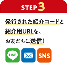 【ステップ3】発行された紹介コードと紹介用URLを、お友だちに送信！