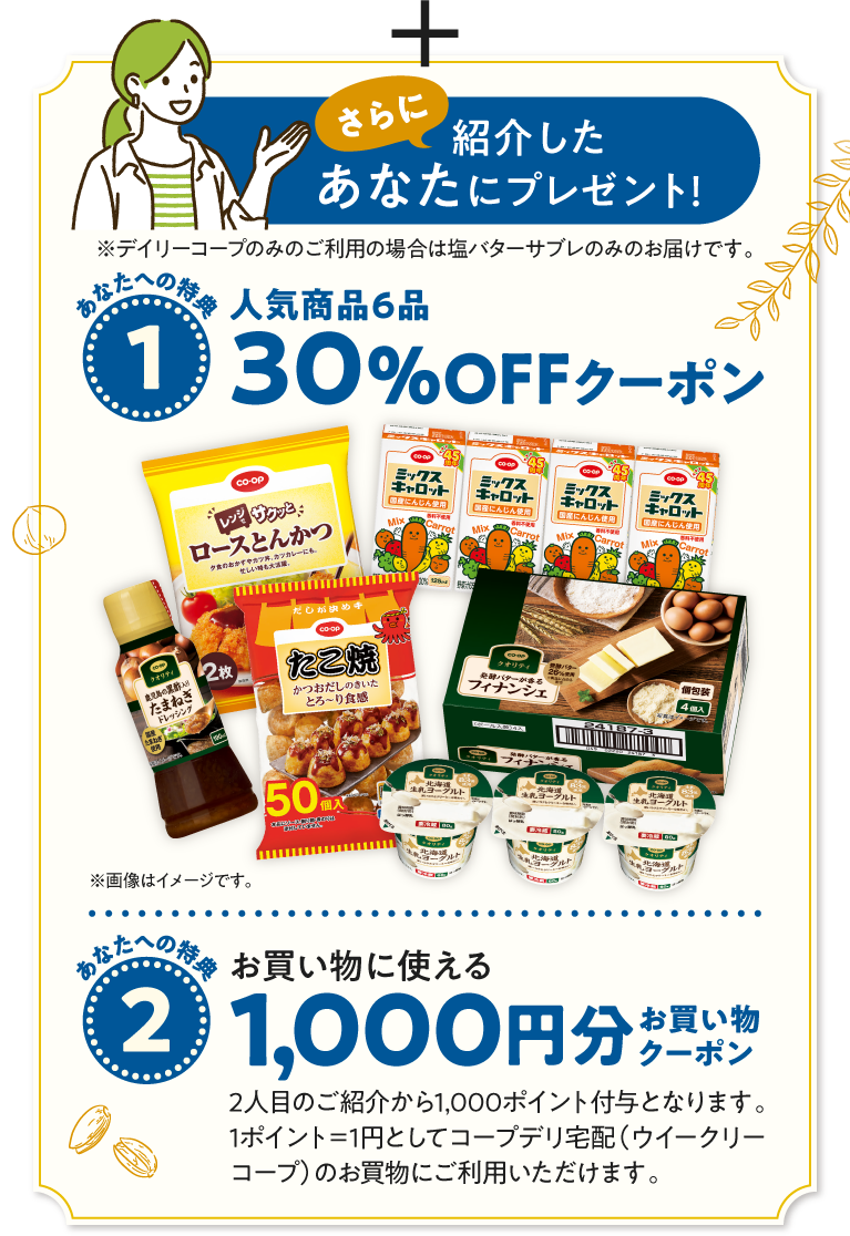 さらに、紹介したあなたにプレゼント！　※デイリーコープのみのご利用の場合は塩バターサブレのみのお届けです。　【あなたへの特典1】人気商品6品　30％OFFクーポン　【あなたへの特典2】お買い物に使える　1000円分お買い物クーポン　2人目のご紹介から1000ポイント付与となります。1ポイント＝1円としてコープデリ宅配（ウイークリーコープ）のお買物にご利用いただけます。　さらに、ご紹介されたお友だちにプレゼント！　※デイリーコープのみのご利用の場合は塩バターサブレのみのお届けです。　【お友だちへの特典1】5週間限定おすすめ商品　50％OFF　※各商品、1企画の注文は1点までとなります。　【お友だちへの特典2】WEB加入特典　3000円分お買い物クーポン（1000円x3回分）　※1回3000円（税抜）以上のご利用で1000円値引きされるクーポンです。　※クーポンには使用期限・条件がございます。　※WEB加入申し込みでご加入された場合に限ります。既に組合員登録がある場合は対象外となります。　【お友だちへの特典3】個人宅配一定期間手数料無料　※お住まいの地域により無料期間が異なります。　※特典は予告なく変更となる可能性があります。