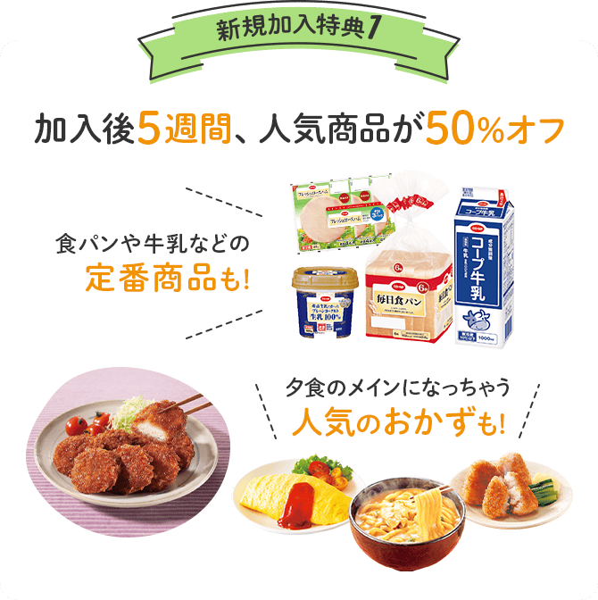新規加入特典1 加入後5週間、人気商品が50%オフ 食パンや牛乳などの定番商品も！ 夕食のメインになっちゃう人気のおかずも！