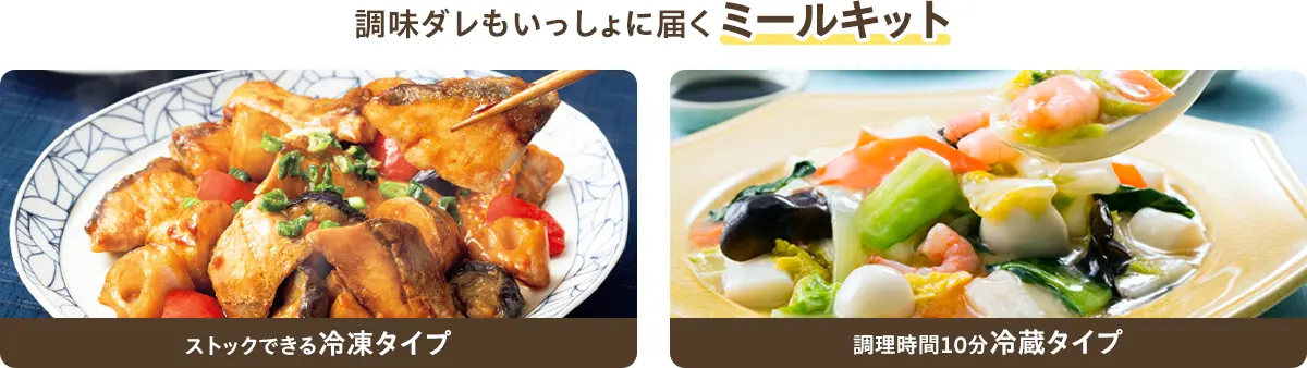 調味ダレもいっしょに届くミールキット ストックできる冷凍タイプ 調理時間10分冷蔵タイプ