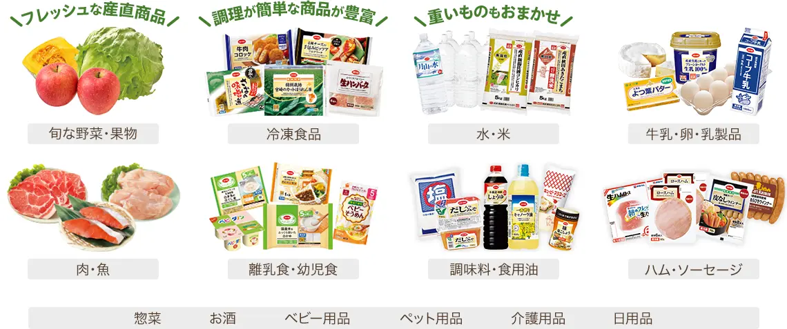 フレッシュな産直商品 旬な野菜・果物 調理が簡単な商品が豊富 冷凍食品 重いものもおまかせ 水・米 牛乳・卵・乳製品 肉・魚 離乳食・幼児食 調味料・食用油 ハム・ソーセージ 惣菜 お酒 ベビー用品 ペット用品 介護用品 日用品