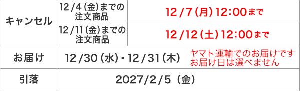 キャンセル・お届け・引落